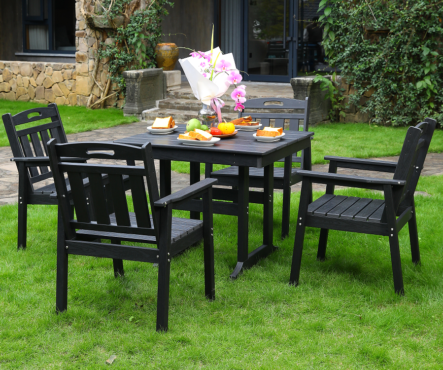 Cadeira de jantar ao ar livre HDPE 4 cadeiras + mesa quadrada com encosto vertical preto
