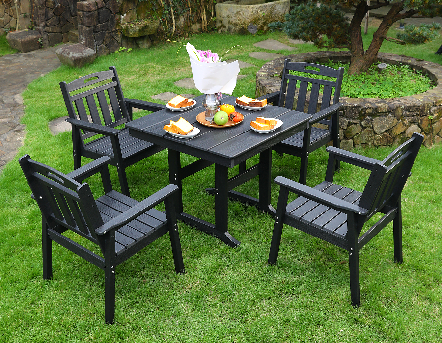 Cadeira de jantar ao ar livre HDPE 4 cadeiras + mesa quadrada com encosto vertical preto