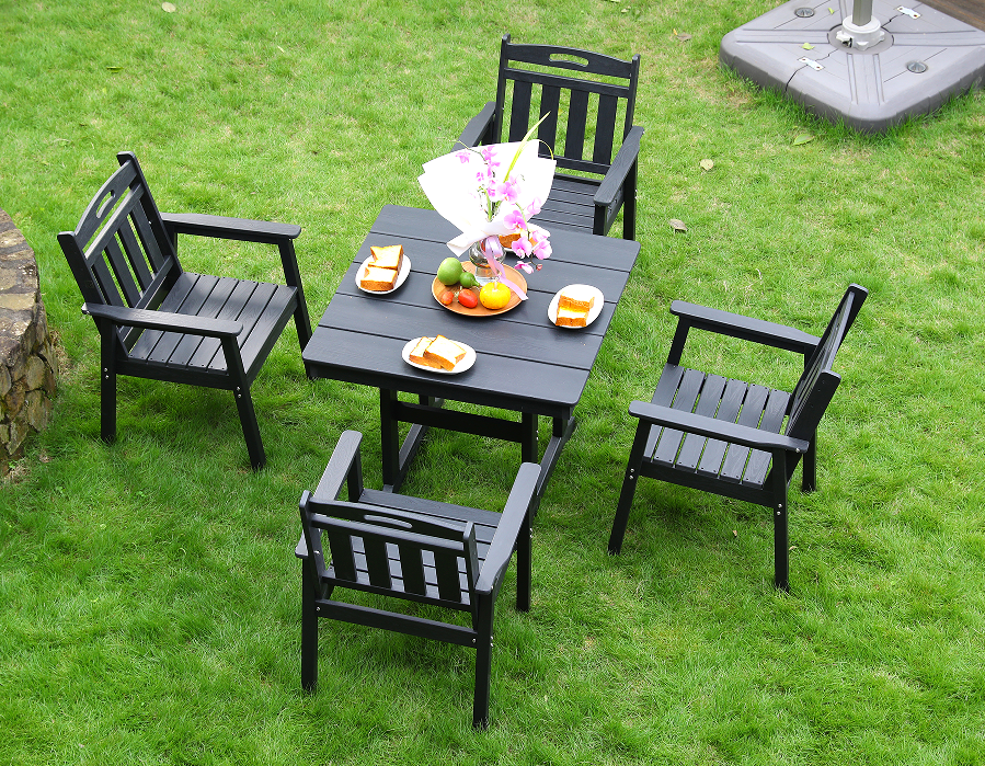 Cadeira de jantar ao ar livre HDPE 4 cadeiras + mesa quadrada com encosto vertical preto
