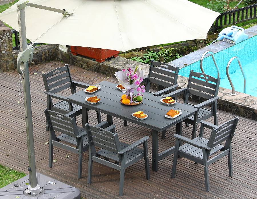 Conjunto de jantar ao ar livre de 6 peças em HDPE cinza com encosto horizontal