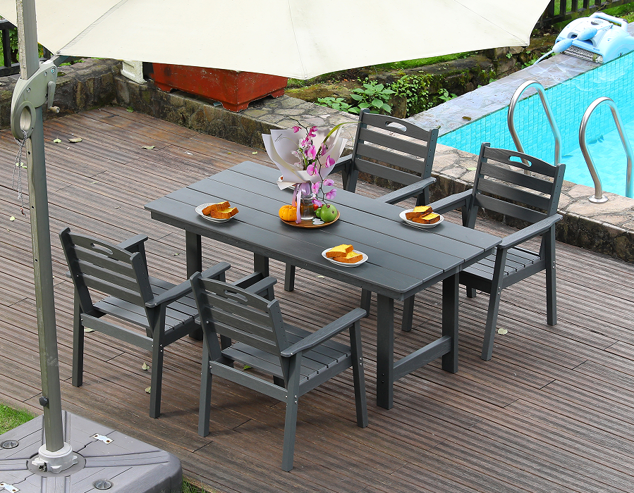 Conjunto de jantar ao ar livre de 4 peças em HDPE cinza com encosto horizontal