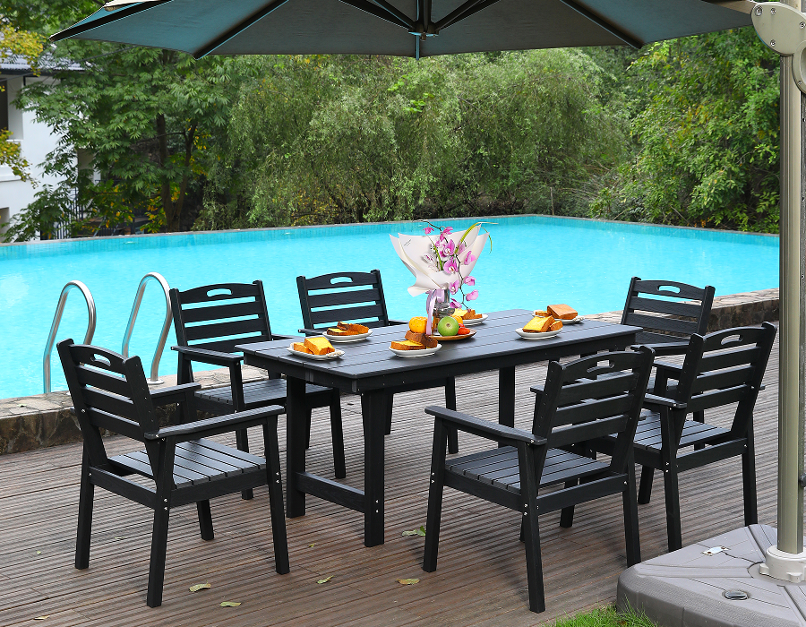 Conjunto de jantar ao ar livre de 6 peças em HDPE preto com encosto horizontal