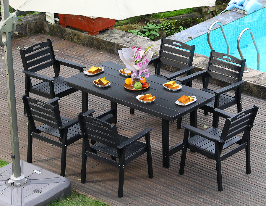 Conjunto de jantar ao ar livre de 6 peças em HDPE preto com encosto horizontal