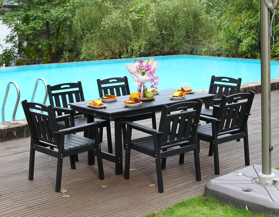 Conjunto de jantar ao ar livre de 6 peças em HDPE preto com encosto vertical